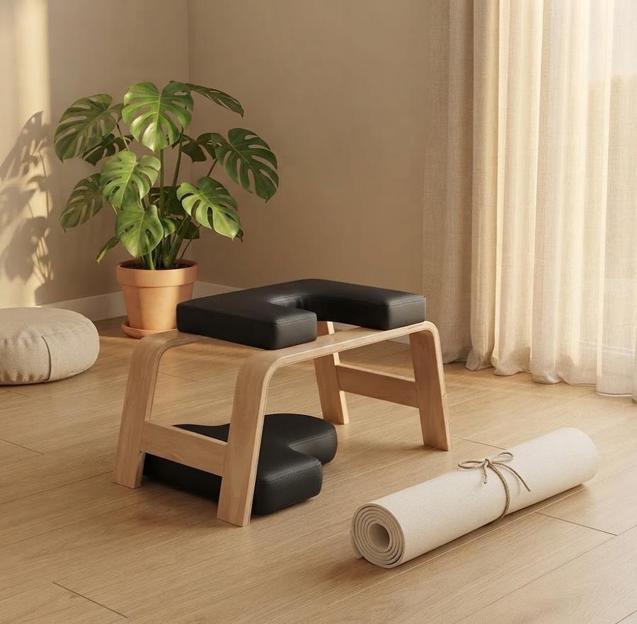 Black yoga headstand bench on a hardwood floor beside a rolled mat