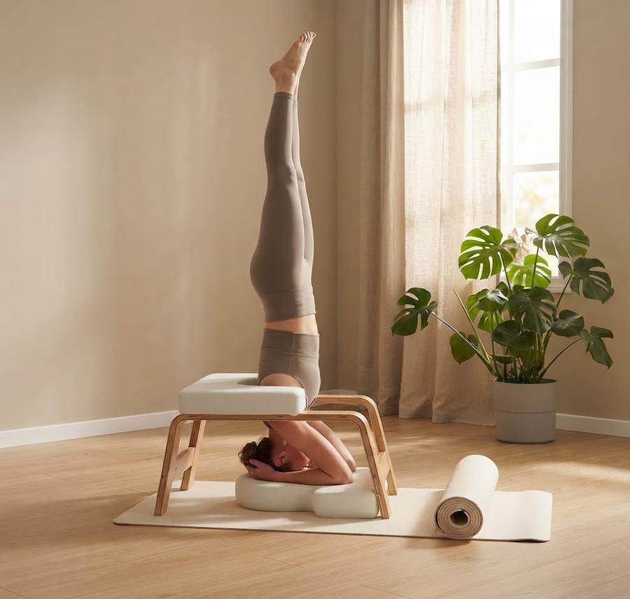 White yoga headstand bench in a sunlit living room corner