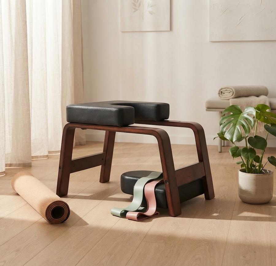 The maroon bench beside a mat with resistance bands coiled next to it